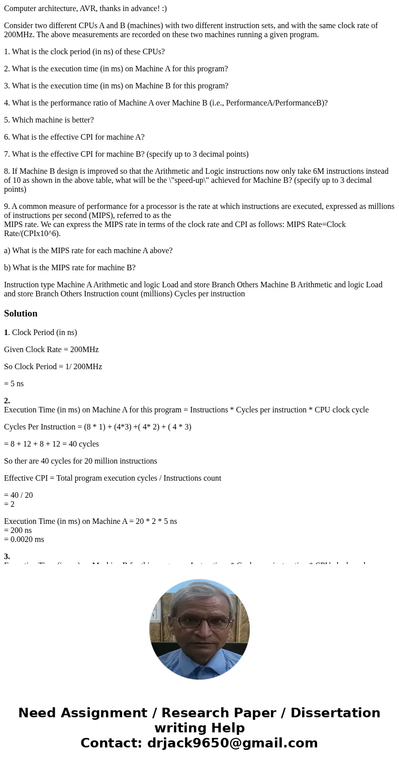 Computer architecture, AVR, thanks in advance! :) Consider two different CPUs A and B (machines) with two different instruction sets, and with the same clock ra Computer architecture, AVR, thanks in advance! :) Consider two different CPUs A and B (machines) with two different instruction sets, and with the same clock ra