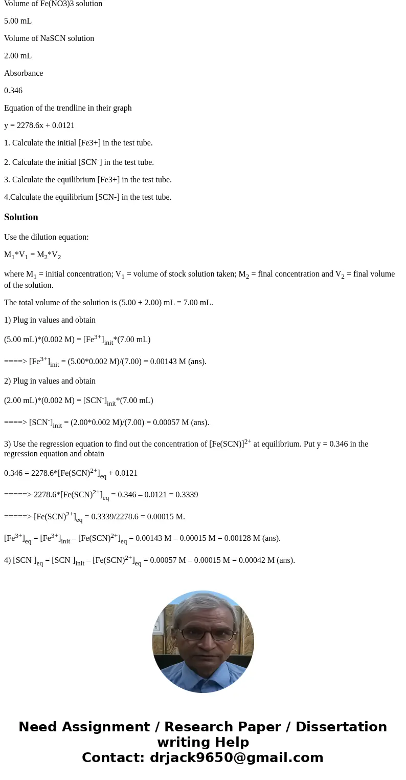 Concentration of Fe(NO3)3 in 0.10 M HNO3 solution 0.002 M Concentration of NaSCN in 0.1o M HNO3 solution 0.002 M Volume of Fe(NO3)3 solution 5.00 mL Volume of N Concentration of Fe(NO3)3 in 0.10 M HNO3 solution 0.002 M Concentration of NaSCN in 0.1o M HNO3 solution 0.002 M Volume of Fe(NO3)3 solution 5.00 mL Volume of N