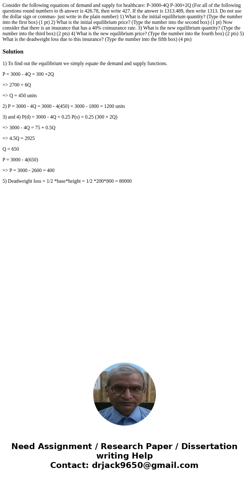 Consider the following equations of demand and supply for healthcare: P-3000-4Q P-300+2Q (For all of the following questions round numbers to th answer is 426.  Consider the following equations of demand and supply for healthcare: P-3000-4Q P-300+2Q (For all of the following questions round numbers to th answer is 426.
