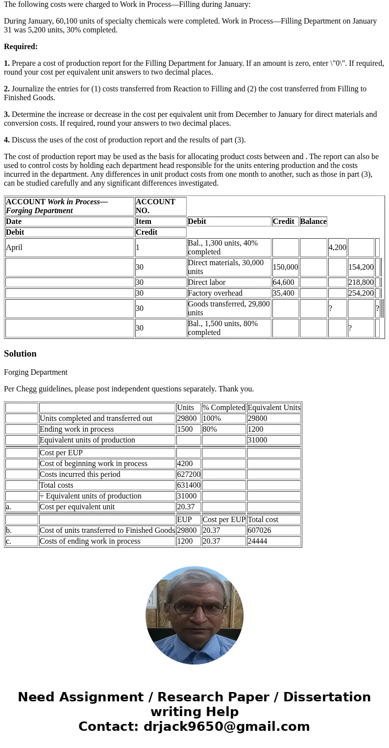 Cost per Equivalent Unit: Average Cost Method The following information concerns production in the Forging Department for April. The Forging Department uses the