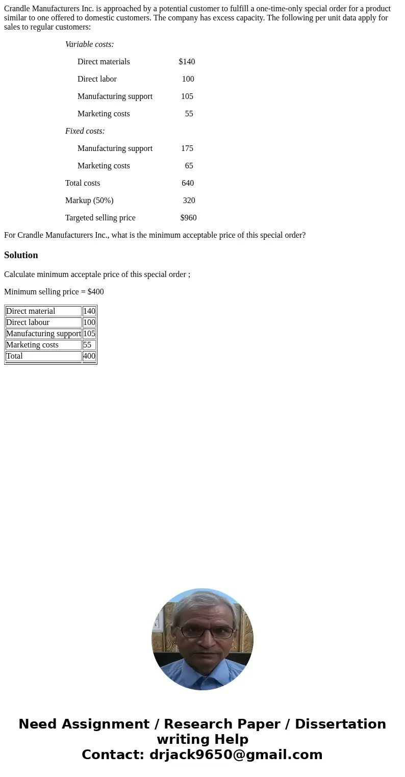 Crandle Manufacturers Inc. is approached by a potential customer to fulfill a one-time-only special order for a product similar to one offered to domestic custo Crandle Manufacturers Inc. is approached by a potential customer to fulfill a one-time-only special order for a product similar to one offered to domestic custo