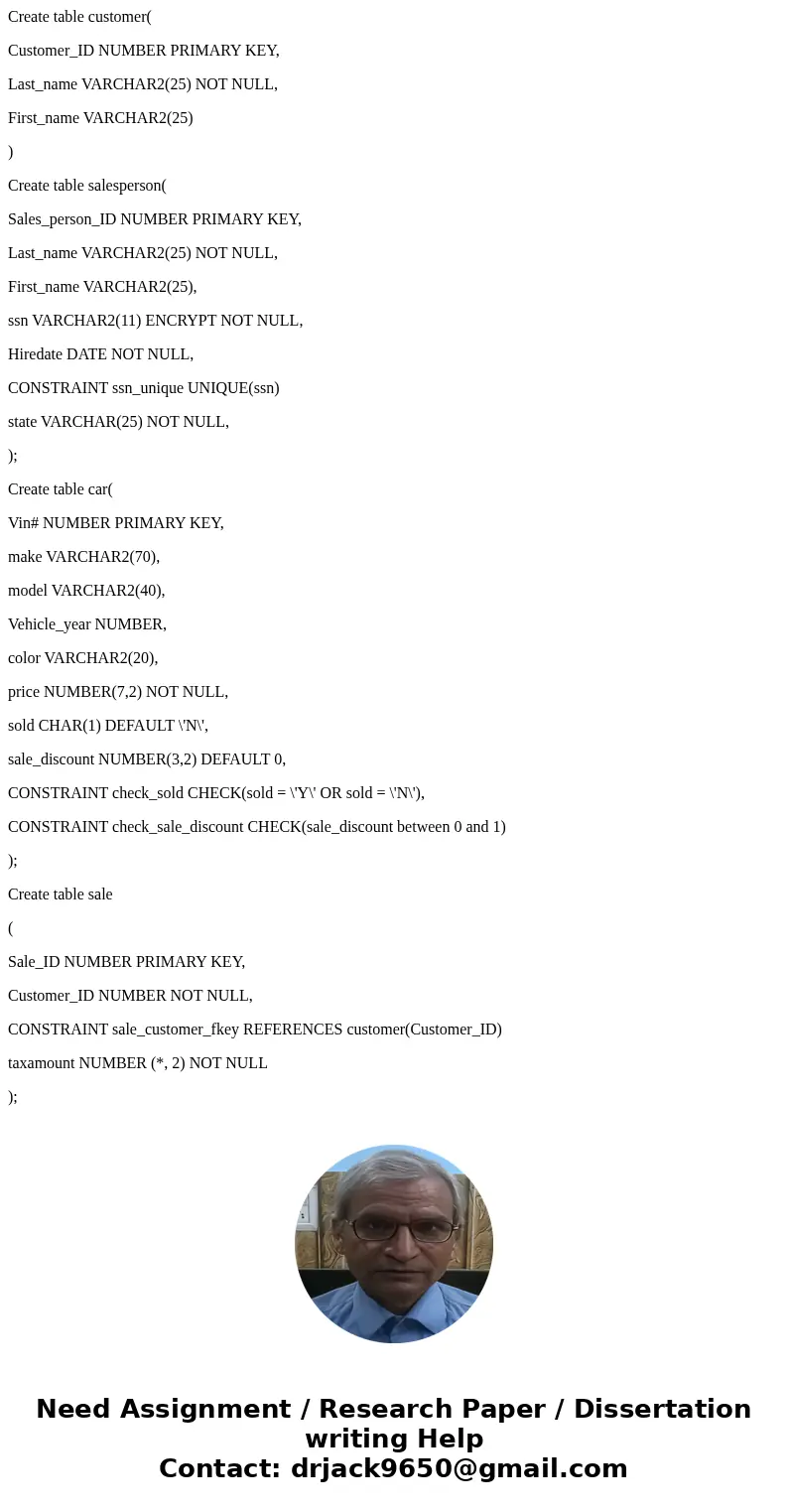 Create table customer( Customer_ID NUMBER PRIMARY KEY, Last_name VARCHAR2(25) NOT NULL, First_name VARCHAR2(25) ) Create table salesperson( Sales_person_ID NUMB Create table customer( Customer_ID NUMBER PRIMARY KEY, Last_name VARCHAR2(25) NOT NULL, First_name VARCHAR2(25) ) Create table salesperson( Sales_person_ID NUMB