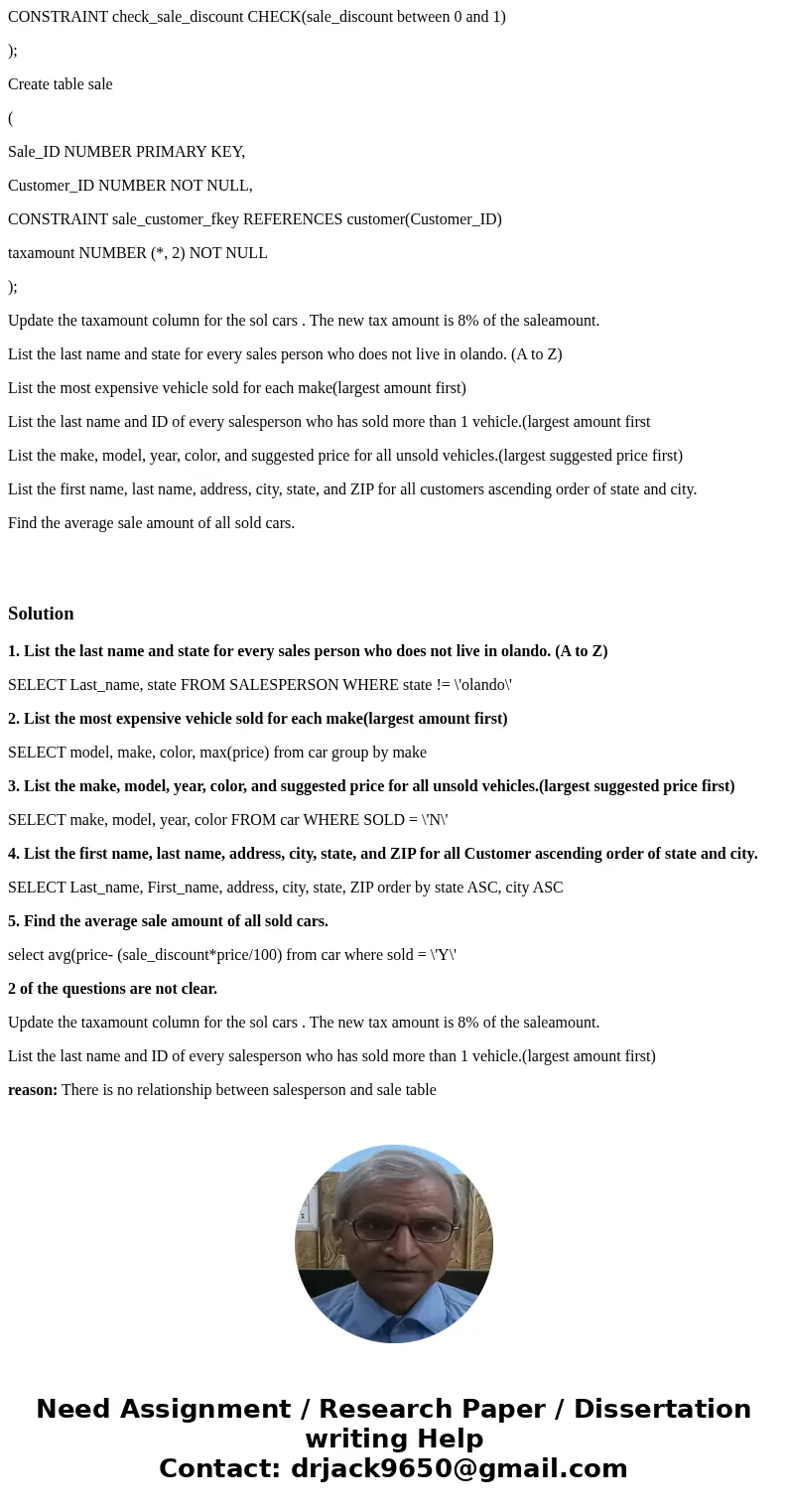 Create table customer( Customer_ID NUMBER PRIMARY KEY, Last_name VARCHAR2(25) NOT NULL, First_name VARCHAR2(25) ) Create table salesperson( Sales_person_ID NUMB Create table customer( Customer_ID NUMBER PRIMARY KEY, Last_name VARCHAR2(25) NOT NULL, First_name VARCHAR2(25) ) Create table salesperson( Sales_person_ID NUMB