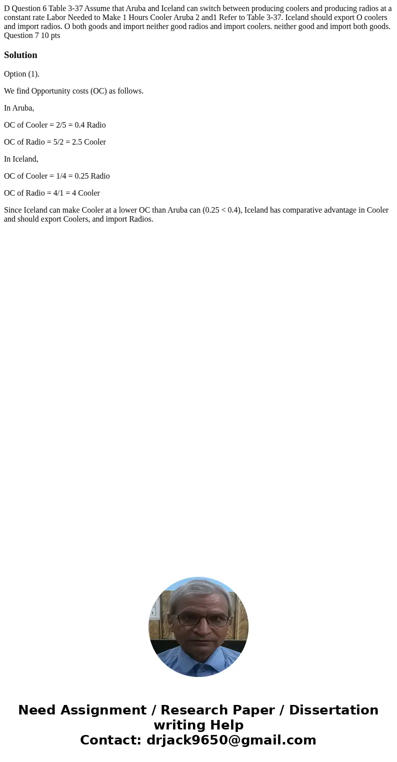 D Question 6 Table 3-37 Assume that Aruba and Iceland can switch between producing coolers and producing radios at a constant rate Labor Needed to Make 1 Hours  D Question 6 Table 3-37 Assume that Aruba and Iceland can switch between producing coolers and producing radios at a constant rate Labor Needed to Make 1 Hours