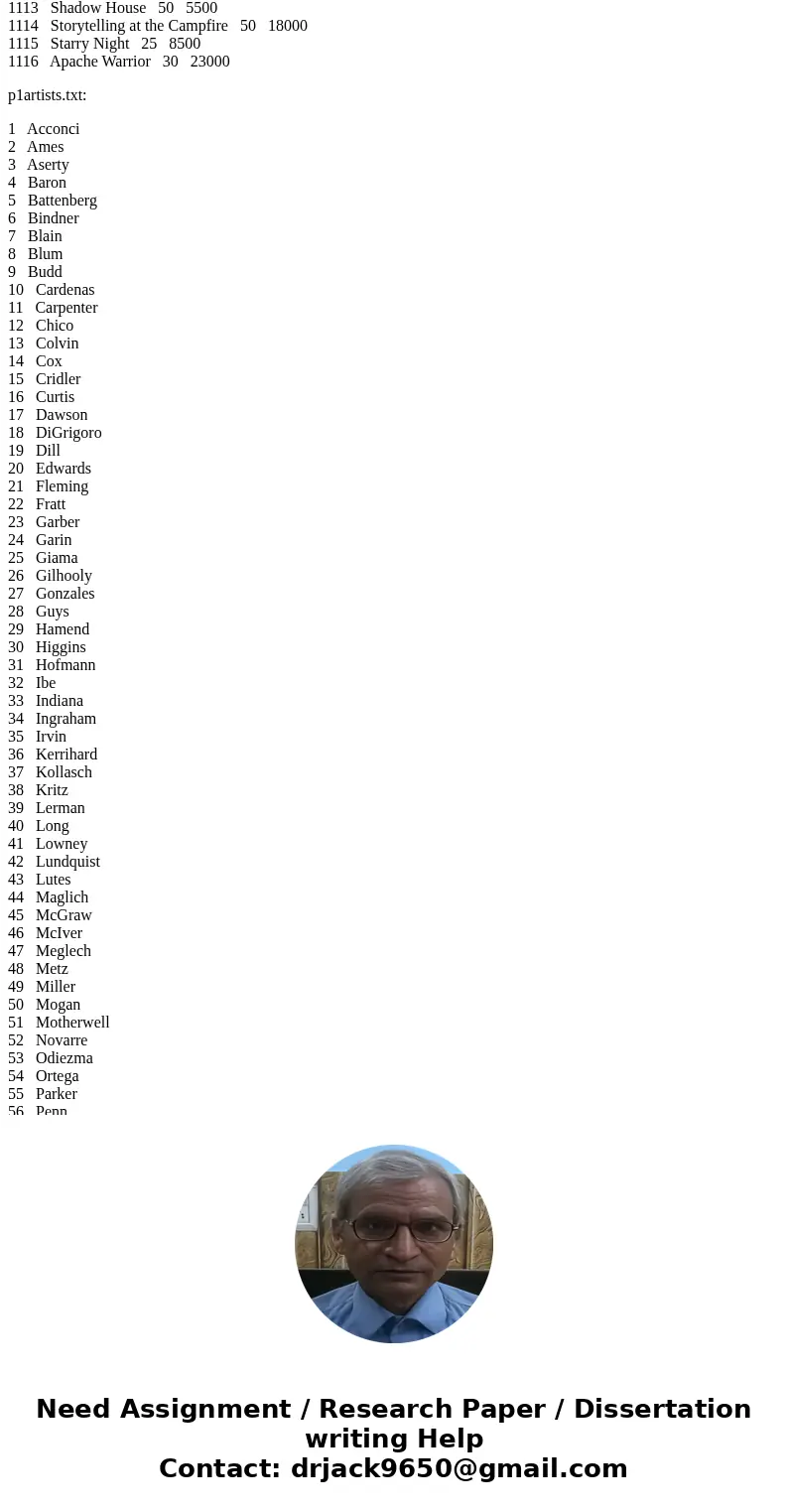 Data File: “p1arts”.txt” Assignment: Use an array of linked list to process the data file to produce the output similar to the following output file : Name the  Data File: “p1arts”.txt” Assignment: Use an array of linked list to process the data file to produce the output similar to the following output file : Name the