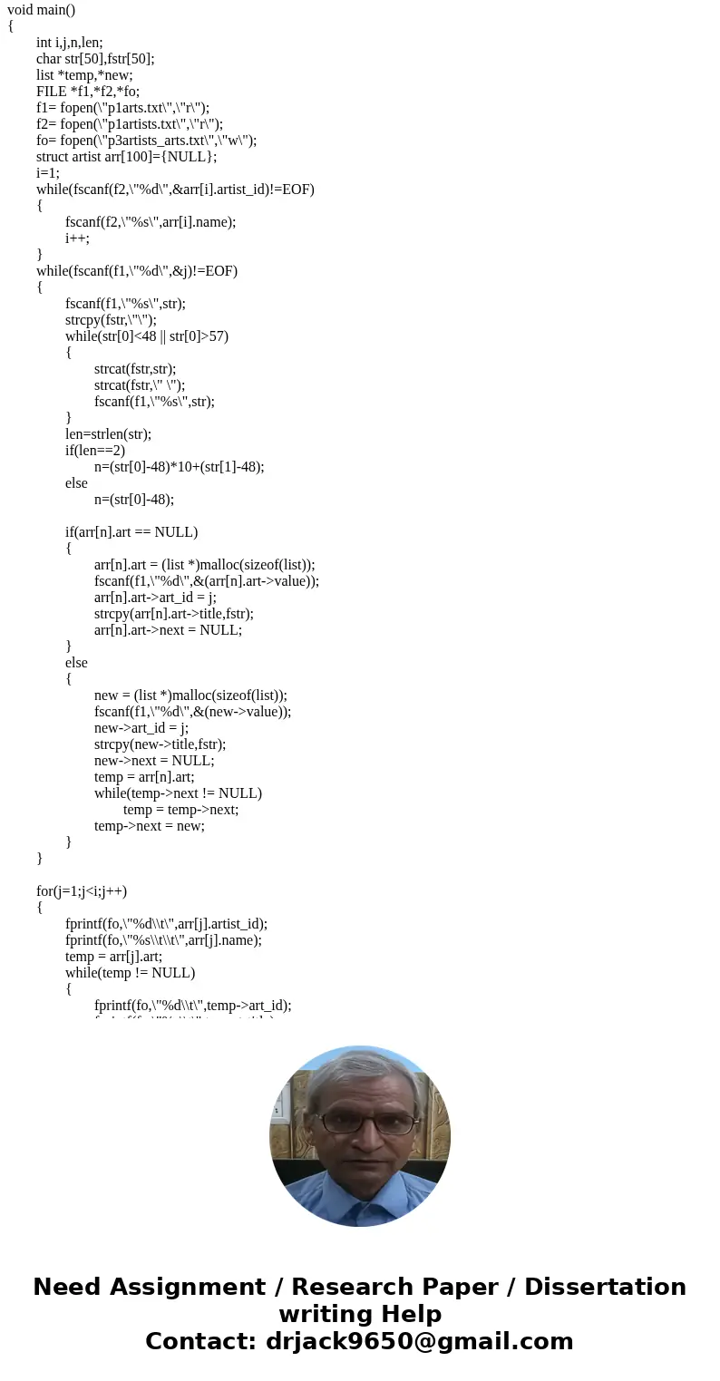 Data File: “p1arts”.txt” Assignment: Use an array of linked list to process the data file to produce the output similar to the following output file : Name the  Data File: “p1arts”.txt” Assignment: Use an array of linked list to process the data file to produce the output similar to the following output file : Name the