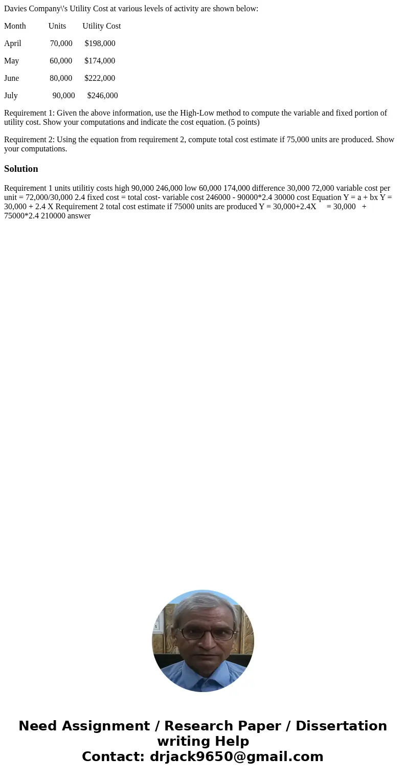 Davies Company\'s Utility Cost at various levels of activity are shown below: Month Units Utility Cost April 70,000 $198,000 May 60,000 $174,000 June 80,000 $22 Davies Company\'s Utility Cost at various levels of activity are shown below: Month Units Utility Cost April 70,000 $198,000 May 60,000 $174,000 June 80,000 $22