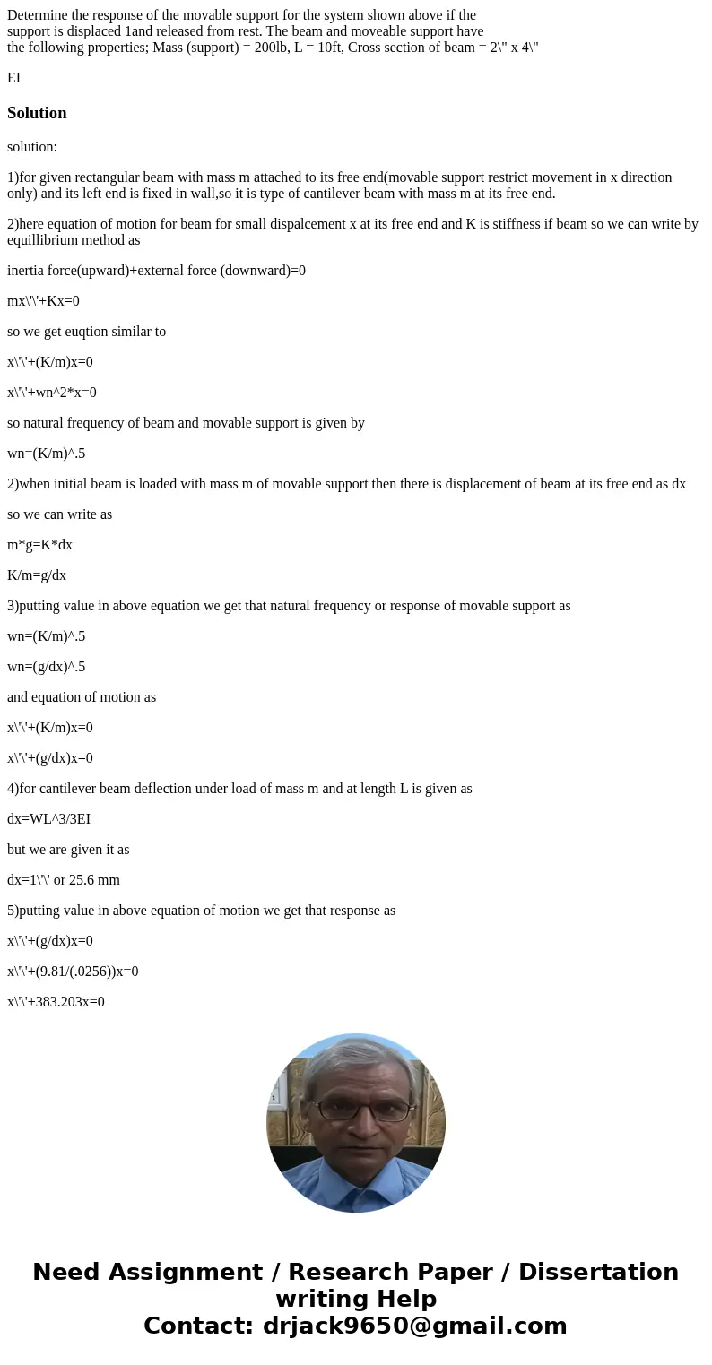 Determine the response of the movable support for the system shown above if the support is displaced 1and released from rest. The beam and moveable support have Determine the response of the movable support for the system shown above if the support is displaced 1and released from rest. The beam and moveable support have
