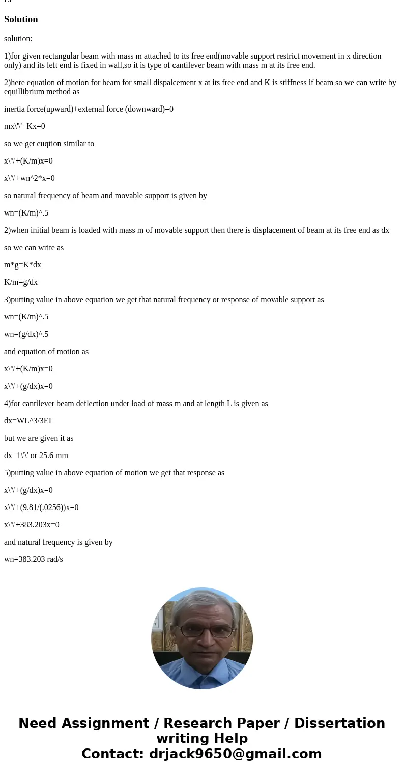 Determine the response of the movable support for the system shown above if the support is displaced 1and released from rest. The beam and moveable support have Determine the response of the movable support for the system shown above if the support is displaced 1and released from rest. The beam and moveable support have