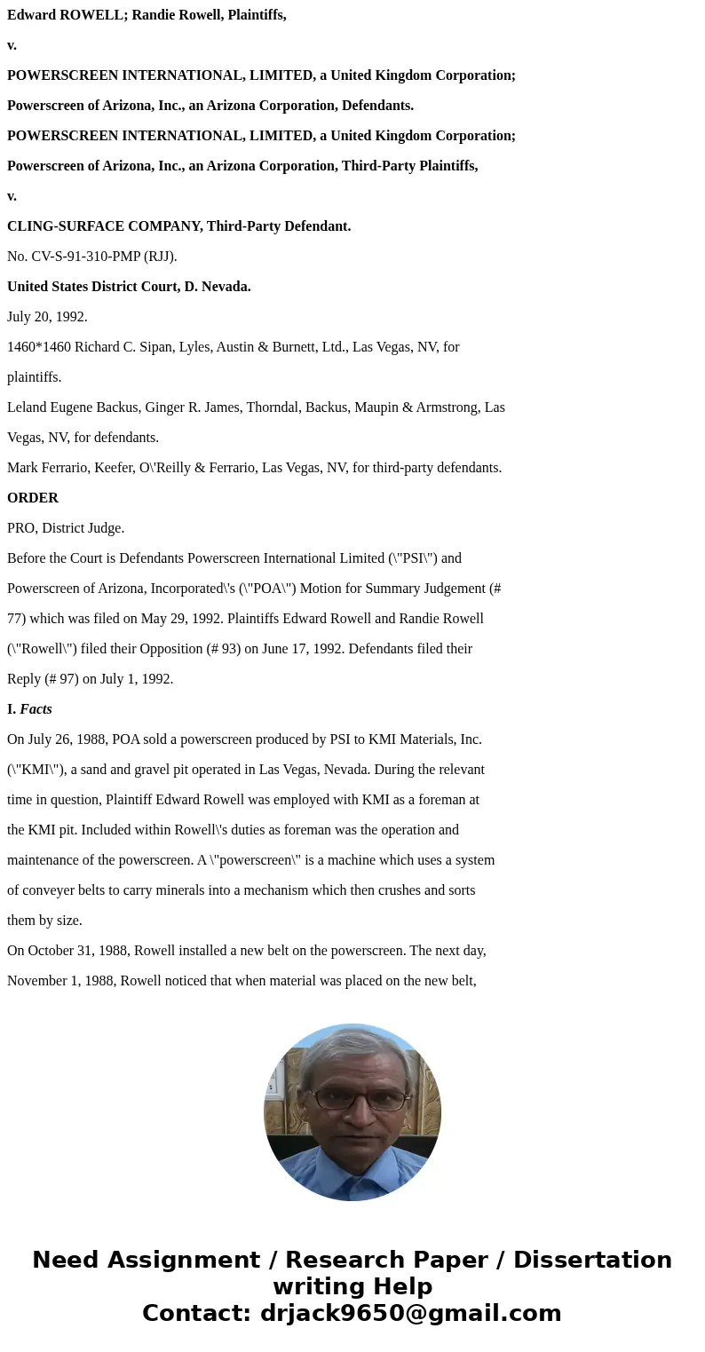 Edward ROWELL; Randie Rowell, Plaintiffs, v. POWERSCREEN INTERNATIONAL, LIMITED, a United Kingdom Corporation; Powerscreen of Arizona, Inc., an Arizona Corporat Edward ROWELL; Randie Rowell, Plaintiffs, v. POWERSCREEN INTERNATIONAL, LIMITED, a United Kingdom Corporation; Powerscreen of Arizona, Inc., an Arizona Corporat