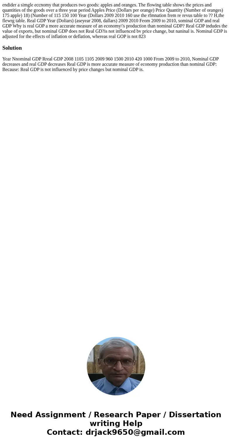 endider a simgle eccnomy that produces two goods: apples and oranges. The flowing table shows the prices and quantities of the goods over a three year period A  endider a simgle eccnomy that produces two goods: apples and oranges. The flowing table shows the prices and quantities of the goods over a three year period A