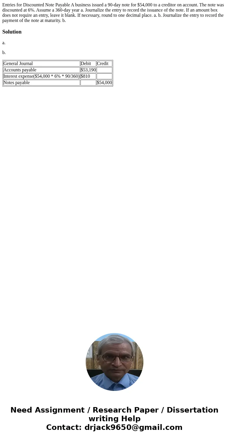 Entries for Discounted Note Payable A business issued a 90-day note for $54,000 to a creditor on account. The note was discounted at 6%. Assume a 360-day year   Entries for Discounted Note Payable A business issued a 90-day note for $54,000 to a creditor on account. The note was discounted at 6%. Assume a 360-day year
