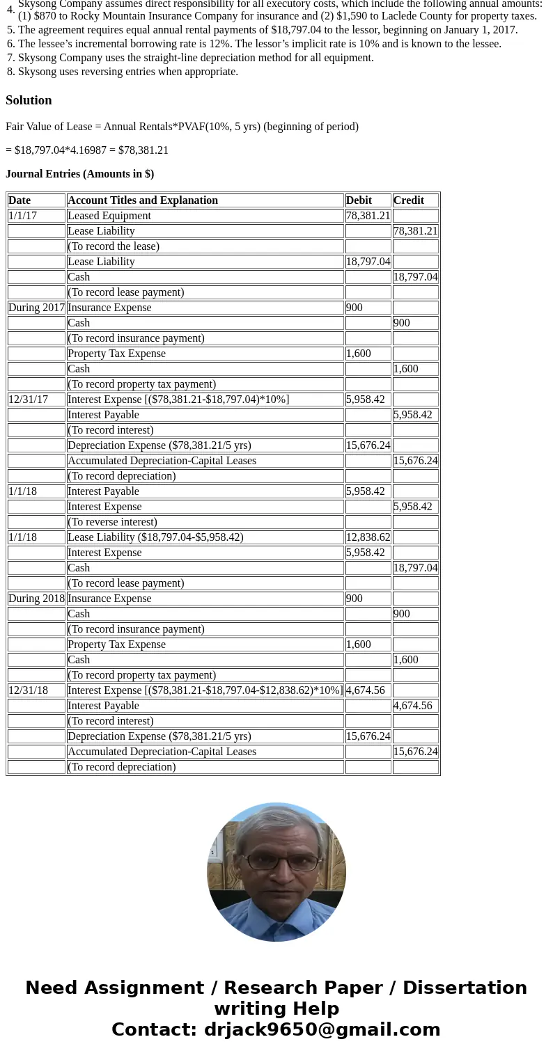 Exercise 21-11 Laura Leasing Company signs an agreement on January 1, 2017, to lease equipment to Skysong Company. The following information relates to this agr Exercise 21-11 Laura Leasing Company signs an agreement on January 1, 2017, to lease equipment to Skysong Company. The following information relates to this agr