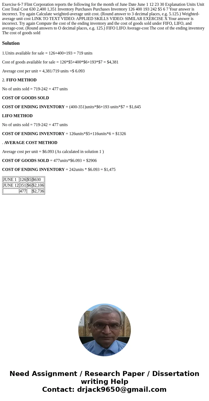 Exercise 6-7 Flint Corporation reports the following for the month of June Date June 1 12 23 30 Explanation Units Unit Cost Total Cost 630 2,400 1,351 Inventor  Exercise 6-7 Flint Corporation reports the following for the month of June Date June 1 12 23 30 Explanation Units Unit Cost Total Cost 630 2,400 1,351 Inventor