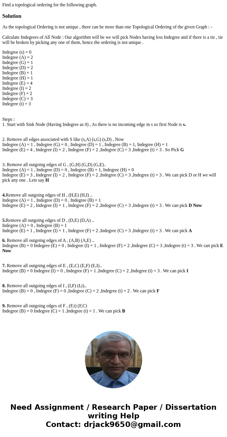 Find a topological ordering for the following graph. SolutionAs the topological Ordering is not unique , there can be more than one Topological Ordering of the  Find a topological ordering for the following graph. SolutionAs the topological Ordering is not unique , there can be more than one Topological Ordering of the