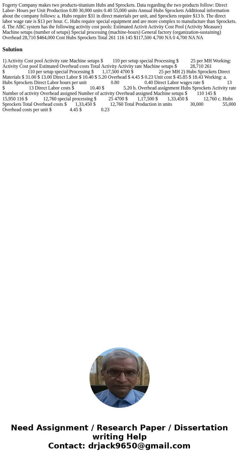 Fogerty Company makes two products-titanium Hubs and Sprockets. Data regarding the two products follow: Direct Labor- Hours per Unit Production 0.80 30,000 uni  Fogerty Company makes two products-titanium Hubs and Sprockets. Data regarding the two products follow: Direct Labor- Hours per Unit Production 0.80 30,000 uni