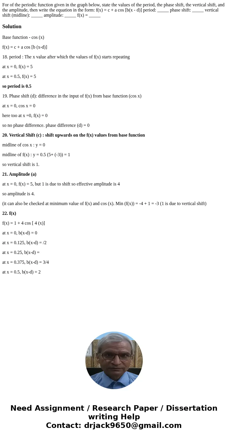 For of the periodic function given in the graph below, state the values of the period, the phase shift, the vertical shift, and the amplitude, then write the e  For of the periodic function given in the graph below, state the values of the period, the phase shift, the vertical shift, and the amplitude, then write the e