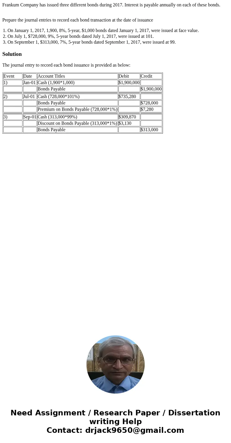 Frankum Company has issued three different bonds during 2017. Interest is payable annually on each of these bonds. Prepare the journal entries to record each bo Frankum Company has issued three different bonds during 2017. Interest is payable annually on each of these bonds. Prepare the journal entries to record each bo