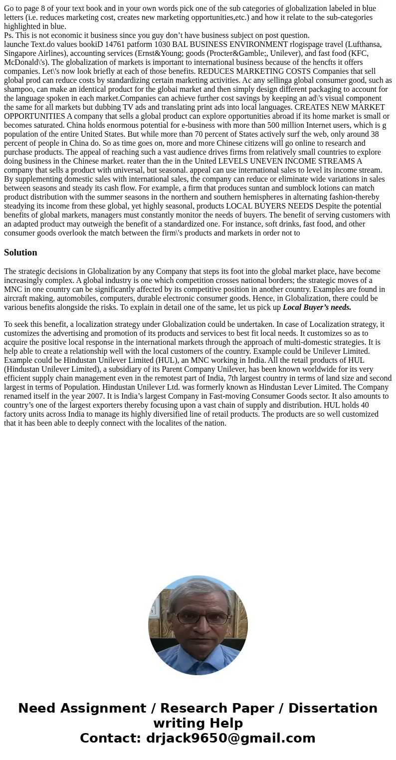 Go to page 8 of your text book and in your own words pick one of the sub categories of globalization labeled in blue letters (i.e. reduces marketing cost, creat