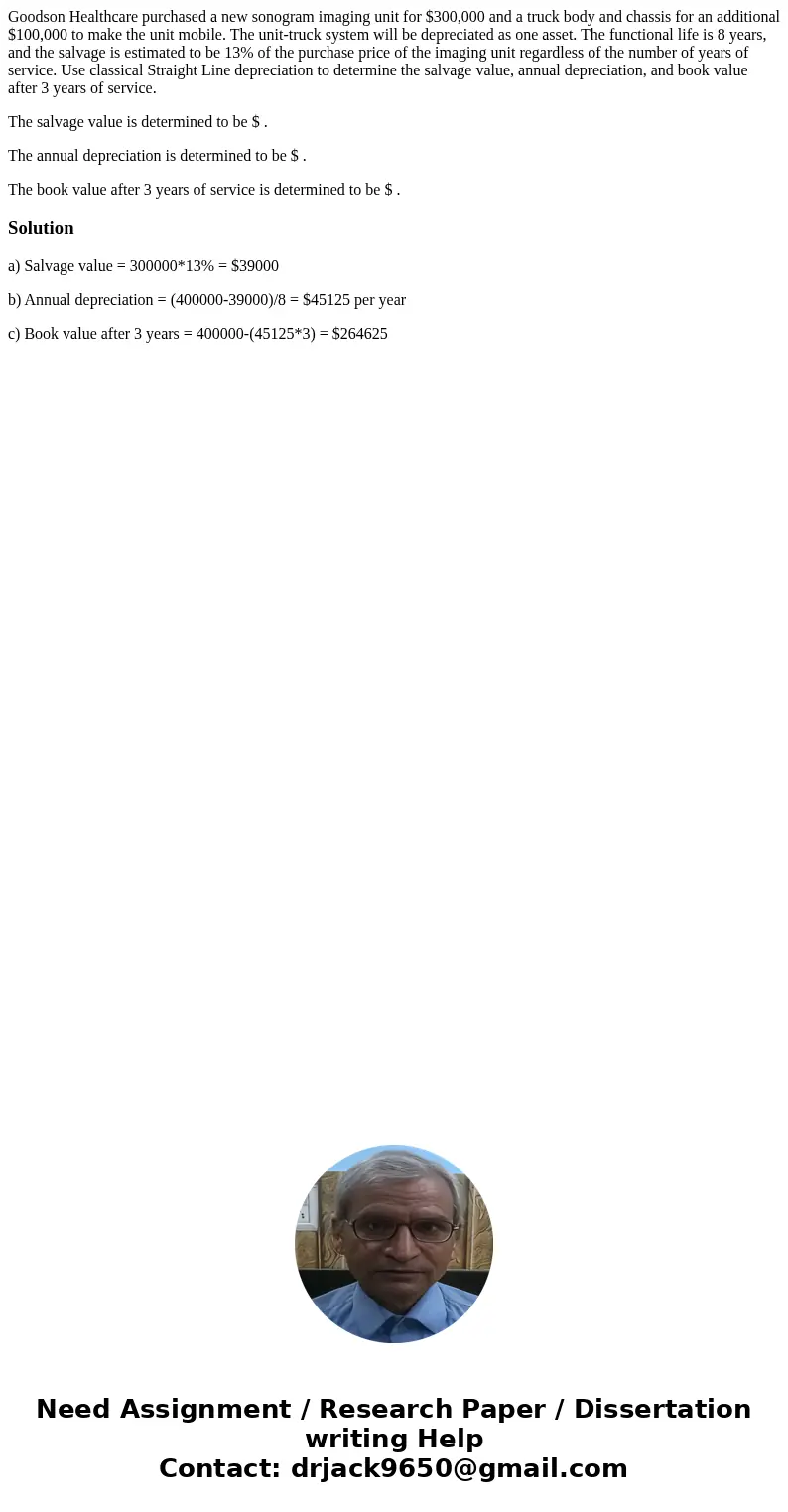 Goodson Healthcare purchased a new sonogram imaging unit for $300,000 and a truck body and chassis for an additional $100,000 to make the unit mobile. The unit- Goodson Healthcare purchased a new sonogram imaging unit for $300,000 and a truck body and chassis for an additional $100,000 to make the unit mobile. The unit-