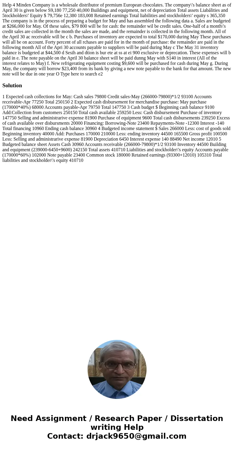 Help 4 Minden Company is a wholesale distributor of premium European chocolates. The company\'s balance sheet as of April 30 is given below S9,180 77,250 40,00  Help 4 Minden Company is a wholesale distributor of premium European chocolates. The company\'s balance sheet as of April 30 is given below S9,180 77,250 40,00