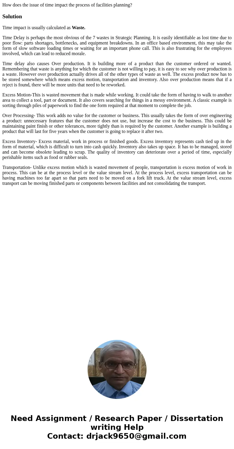 How does the issue of time impact the process of facilities planning?SolutionTime impact is usually calculated as Waste. Time Delay is perhaps the most obvious  How does the issue of time impact the process of facilities planning?SolutionTime impact is usually calculated as Waste. Time Delay is perhaps the most obvious