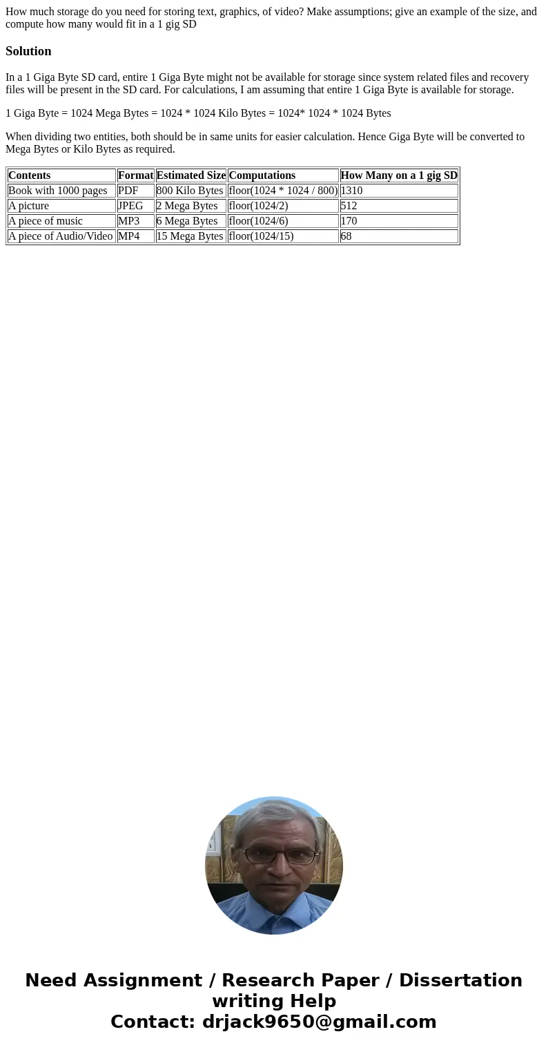 How much storage do you need for storing text, graphics, of video? Make assumptions; give an example of the size, and compute how many would fit in a 1 gig SD   How much storage do you need for storing text, graphics, of video? Make assumptions; give an example of the size, and compute how many would fit in a 1 gig SD