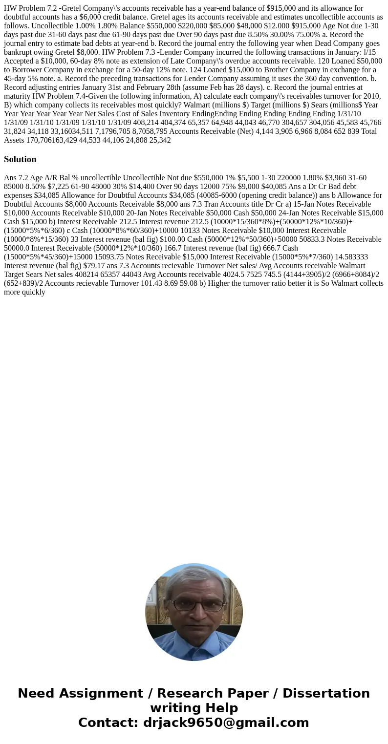 HW Problem 7.2 -Gretel Company\'s accounts receivable has a year-end balance of $915,000 and its allowance for doubtful accounts has a $6,000 credit balance. G  HW Problem 7.2 -Gretel Company\'s accounts receivable has a year-end balance of $915,000 and its allowance for doubtful accounts has a $6,000 credit balance. G