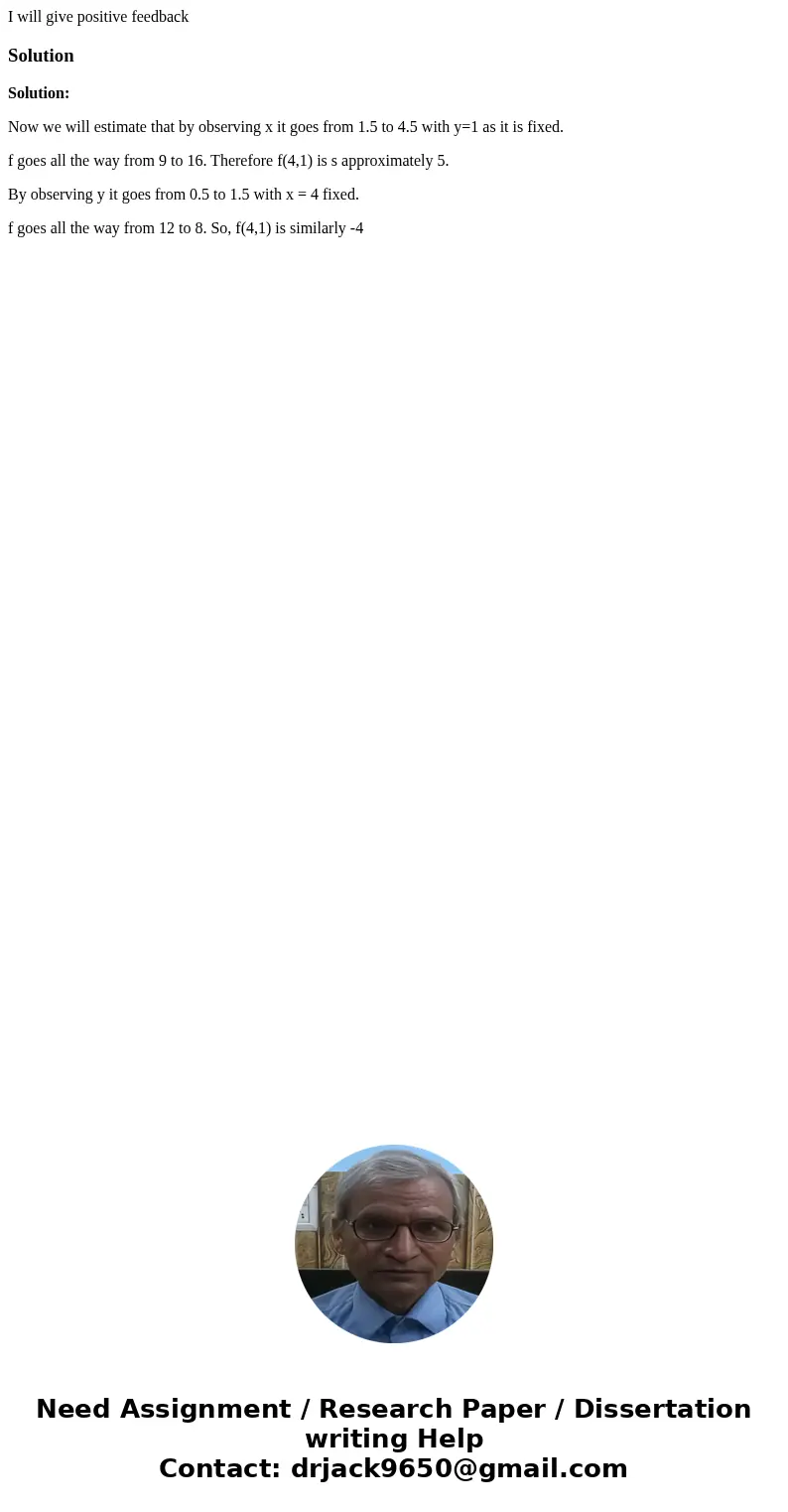 I will give positive feedbackSolutionSolution: Now we will estimate that by observing x it goes from 1.5 to 4.5 with y=1 as it is fixed. f goes all the way from I will give positive feedbackSolutionSolution: Now we will estimate that by observing x it goes from 1.5 to 4.5 with y=1 as it is fixed. f goes all the way from