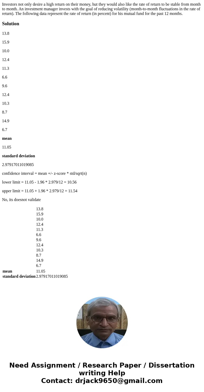 Investors not only desire a high return on their money, hut they would also like the rate of return to be stable from month to month. An investment manager inv  Investors not only desire a high return on their money, hut they would also like the rate of return to be stable from month to month. An investment manager inv