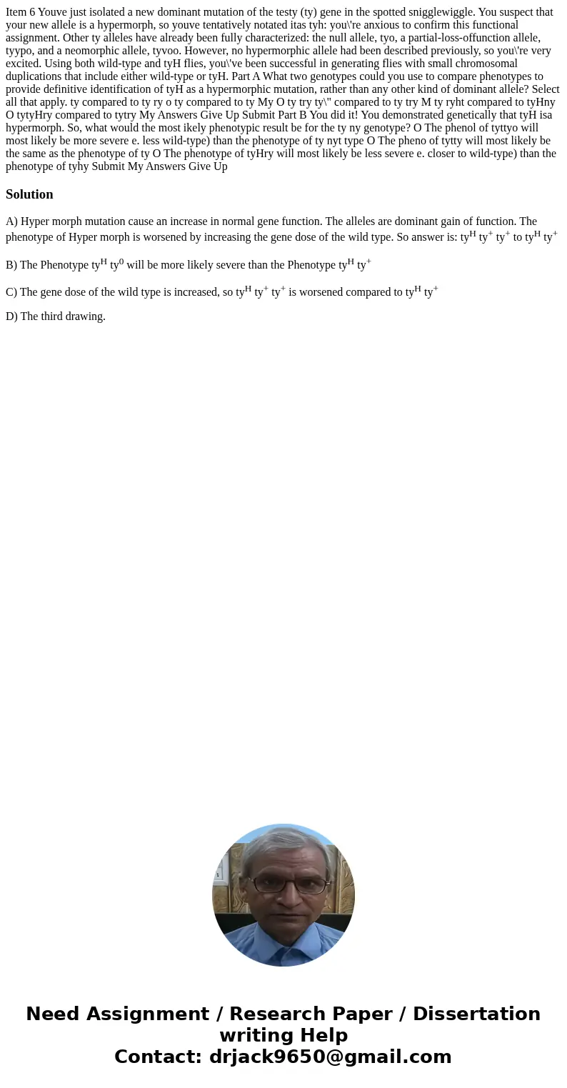 Item 6 Youve just isolated a new dominant mutation of the testy (ty) gene in the spotted snigglewiggle. You suspect that your new allele is a hypermorph, so yo  Item 6 Youve just isolated a new dominant mutation of the testy (ty) gene in the spotted snigglewiggle. You suspect that your new allele is a hypermorph, so yo