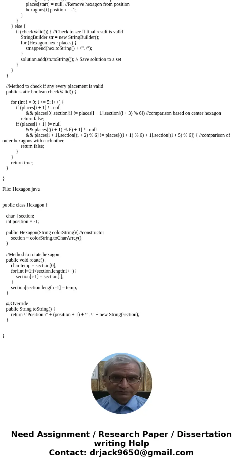 JAVA (( please follow the all the hits, and please do not copy and pastte from internet answers )) You are given seven hexagon tiles. Each tile has 6 colored se
