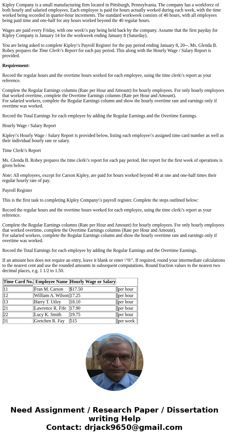 Kipley Company is a small manufacturing firm located in Pittsburgh, Pennsylvania. The company has a workforce of both hourly and salaried employees. Each employ