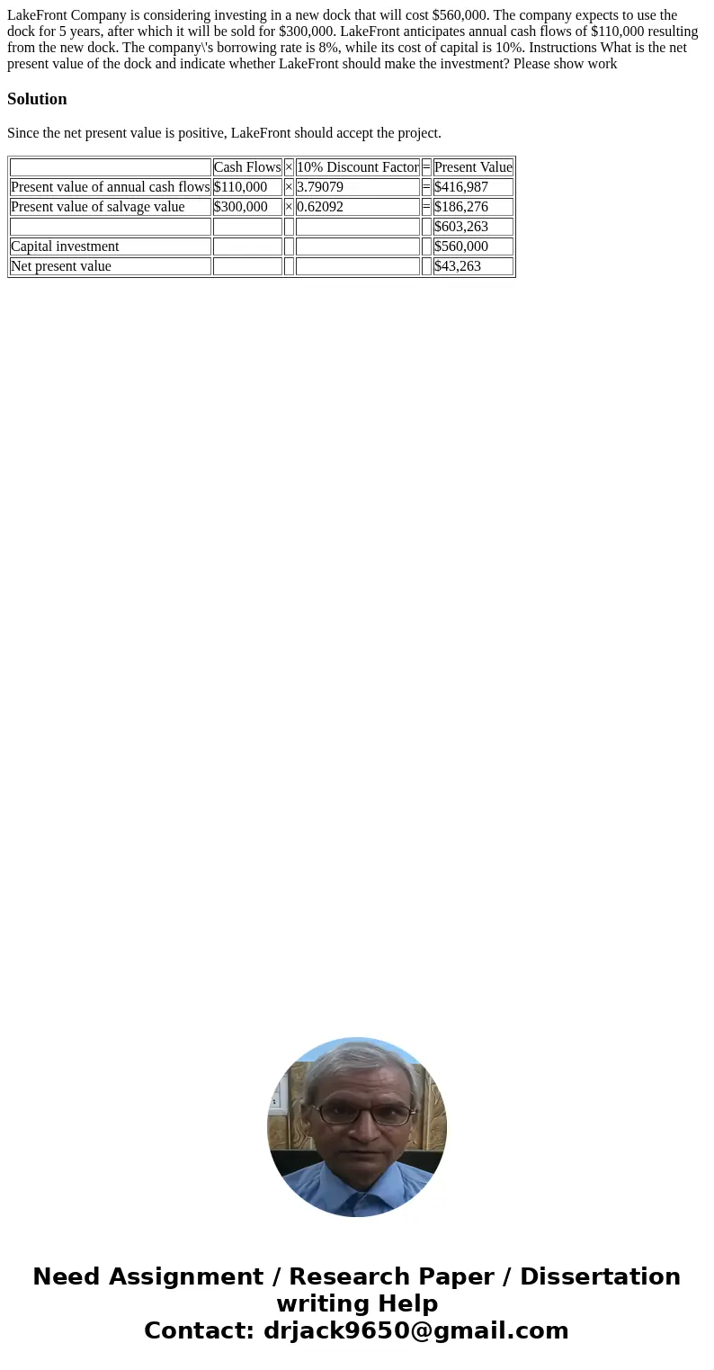 LakeFront Company is considering investing in a new dock that will cost $560,000. The company expects to use the dock for 5 years, after which it will be sold f LakeFront Company is considering investing in a new dock that will cost $560,000. The company expects to use the dock for 5 years, after which it will be sold f