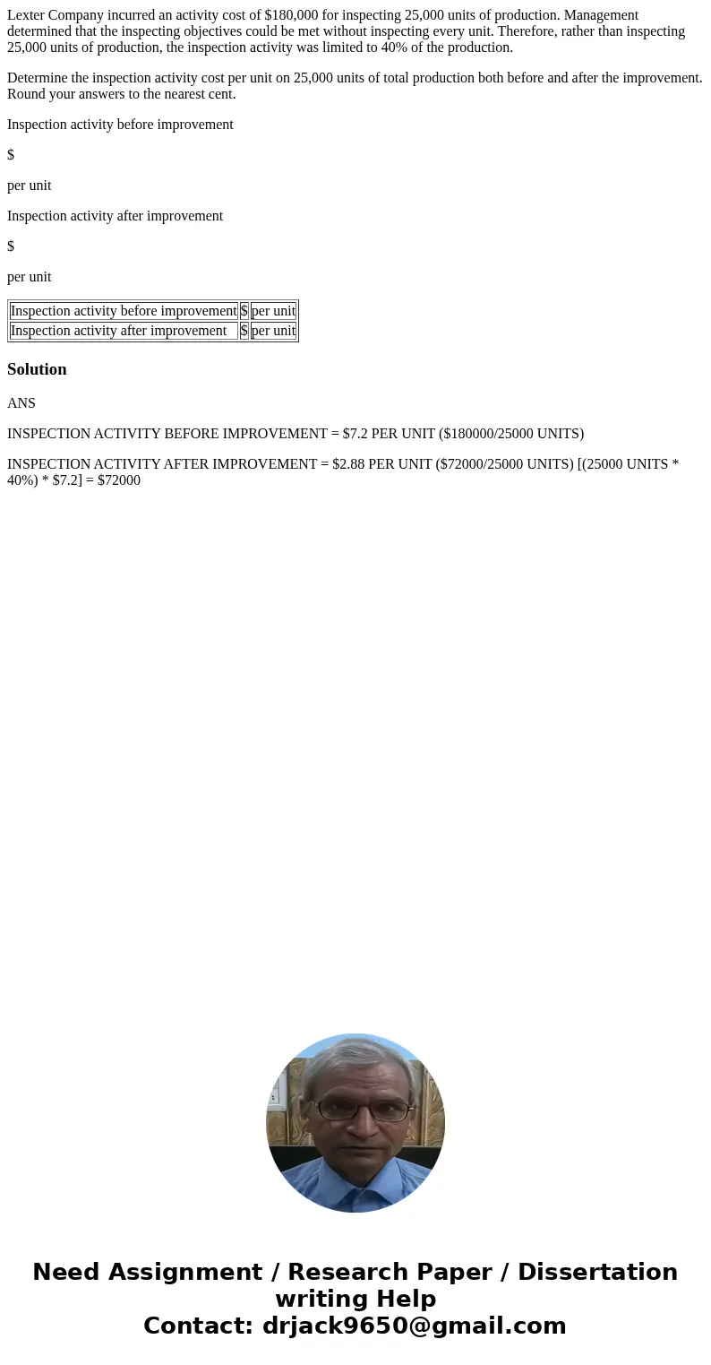Lexter Company incurred an activity cost of $180,000 for inspecting 25,000 units of production. Management determined that the inspecting objectives could be me Lexter Company incurred an activity cost of $180,000 for inspecting 25,000 units of production. Management determined that the inspecting objectives could be me