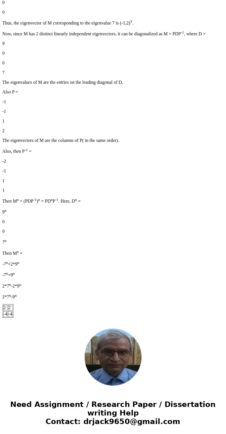  M = [11 -4 2 5] Find formulas for the entries of M^n, where n is a positive integer. SolutionThe characteristic polynomial of M mis det (M- I2) = 0 or, 2 -16+6