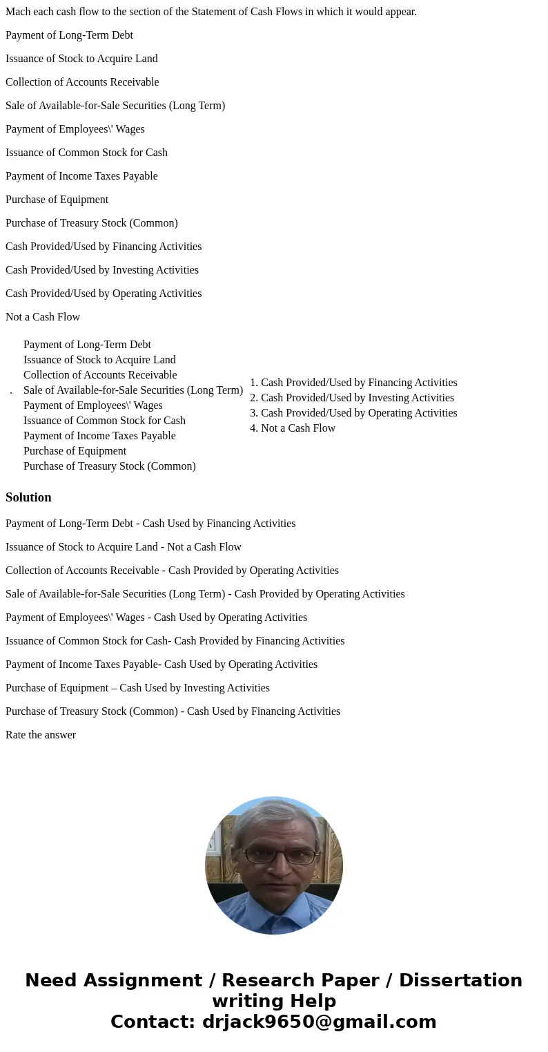 Mach each cash flow to the section of the Statement of Cash Flows in which it would appear. Payment of Long-Term Debt Issuance of Stock to Acquire Land Collecti Mach each cash flow to the section of the Statement of Cash Flows in which it would appear. Payment of Long-Term Debt Issuance of Stock to Acquire Land Collecti