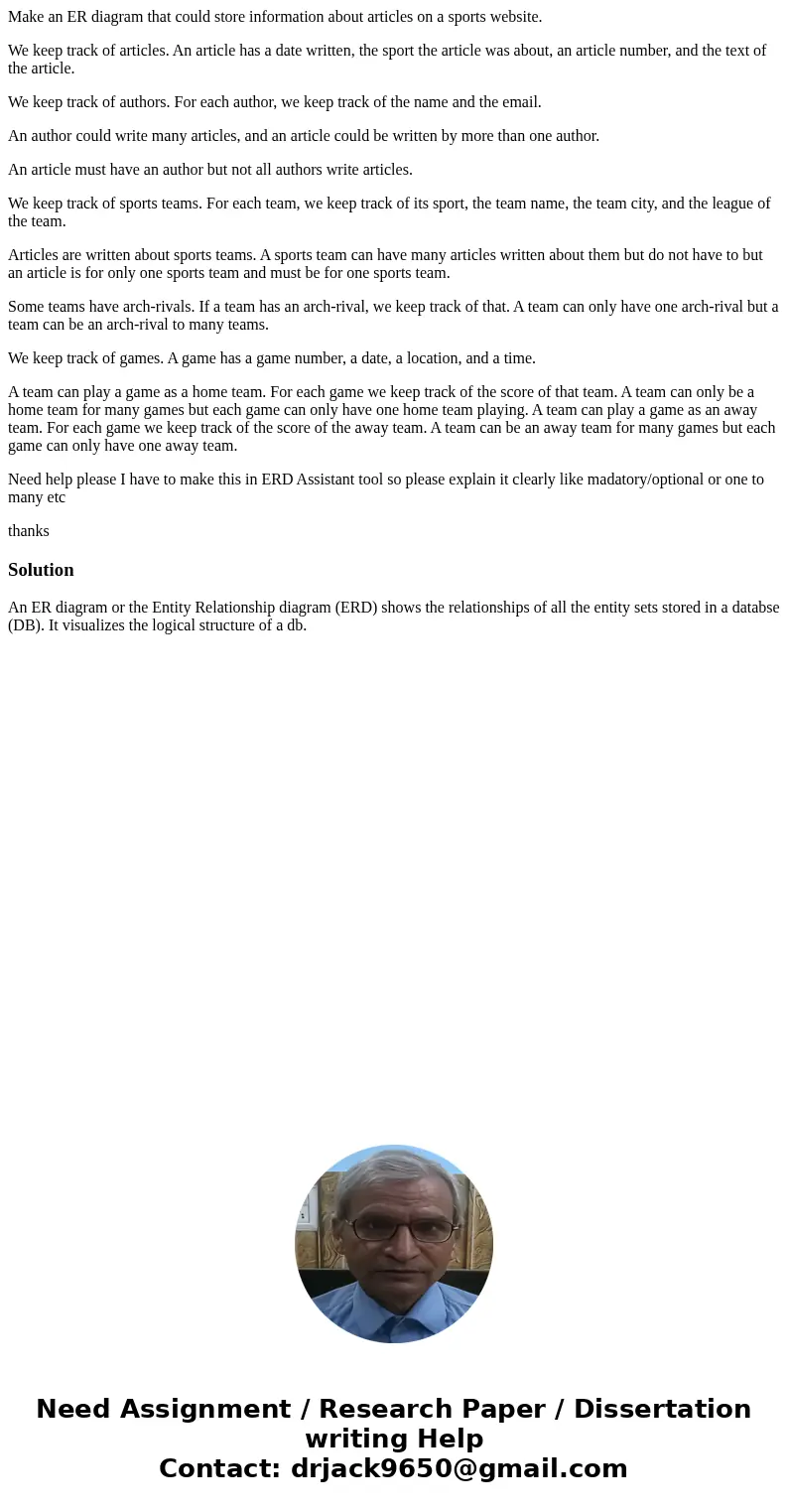 Make an ER diagram that could store information about articles on a sports website. We keep track of articles. An article has a date written, the sport the arti Make an ER diagram that could store information about articles on a sports website. We keep track of articles. An article has a date written, the sport the arti