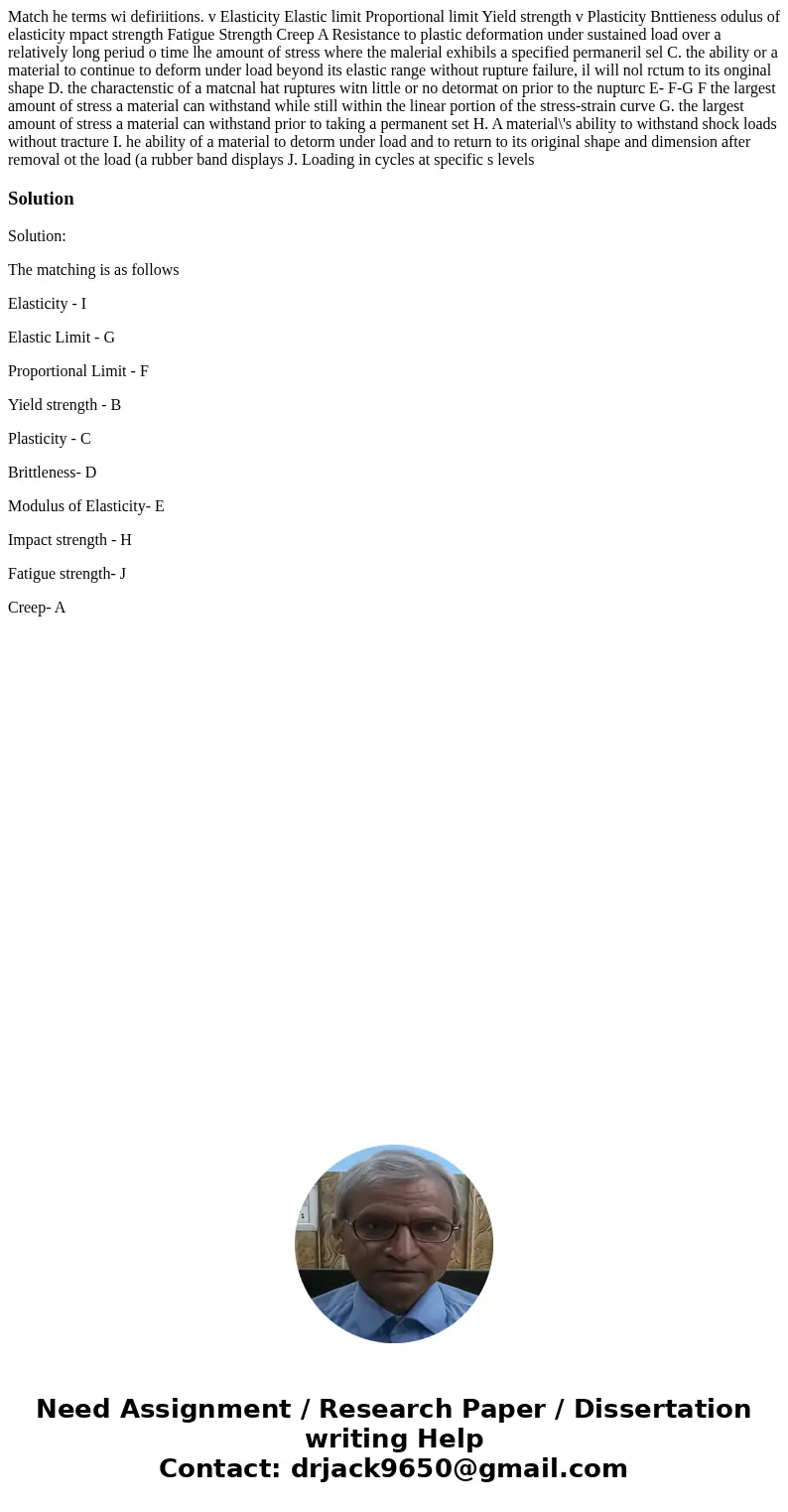 Match he terms wi defiriitions. v Elasticity Elastic limit Proportional limit Yield strength v Plasticity Bnttieness odulus of elasticity mpact strength Fatigu  Match he terms wi defiriitions. v Elasticity Elastic limit Proportional limit Yield strength v Plasticity Bnttieness odulus of elasticity mpact strength Fatigu