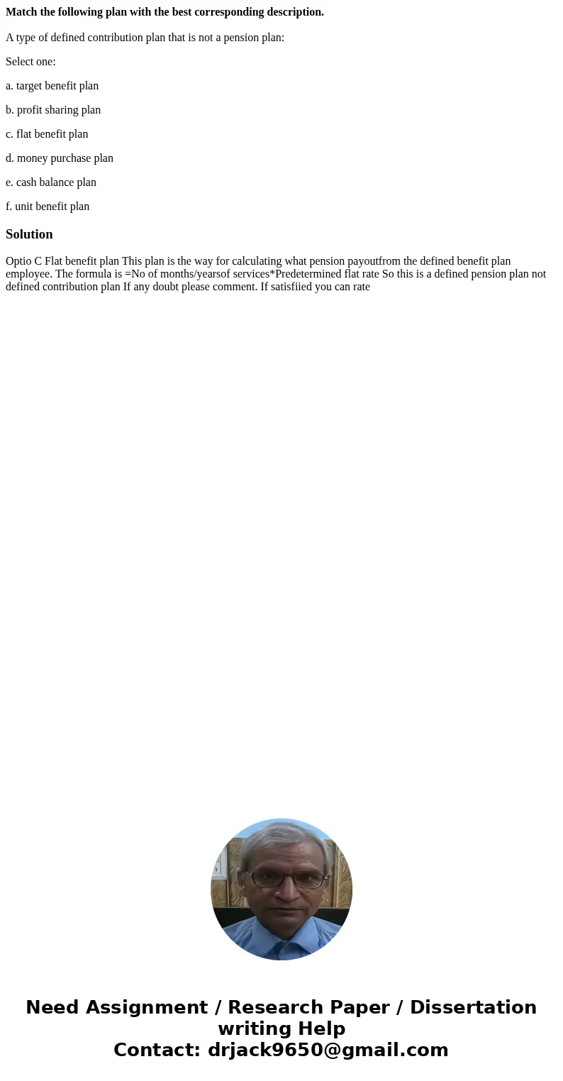 Match the following plan with the best corresponding description. A type of defined contribution plan that is not a pension plan: Select one: a. target benefit  Match the following plan with the best corresponding description. A type of defined contribution plan that is not a pension plan: Select one: a. target benefit
