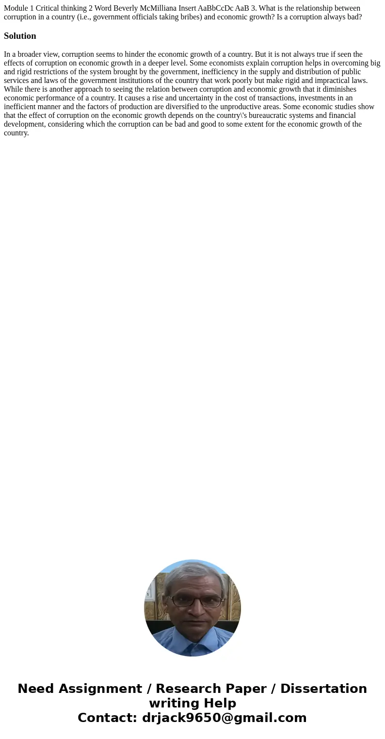 Module 1 Critical thinking 2 Word Beverly McMilliana Insert AaBbCcDc AaB 3. What is the relationship between corruption in a country (i.e., government official  Module 1 Critical thinking 2 Word Beverly McMilliana Insert AaBbCcDc AaB 3. What is the relationship between corruption in a country (i.e., government official
