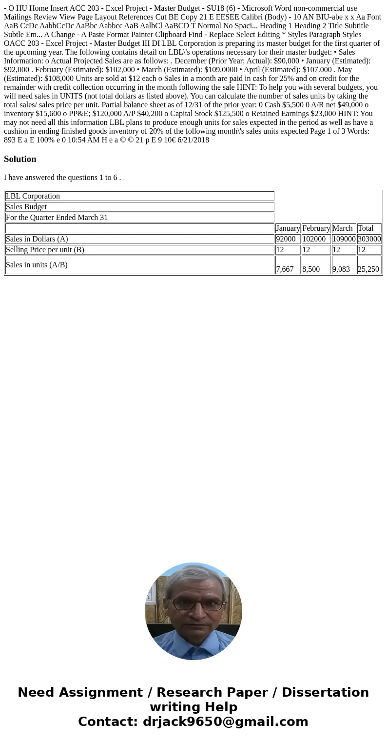  - O HU Home Insert ACC 203 - Excel Project - Master Budget - SU18 (6) - Microsoft Word non-commercial use Mailings Review View Page Layout References Cut BE Co
