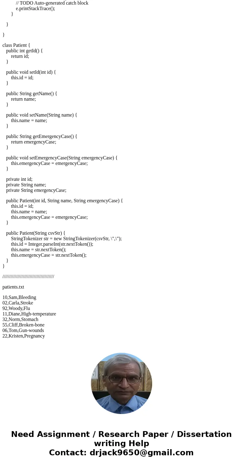 Objective: Min-heap queue with customized comparator Hospital emergency room assign patient priority base on symptom of the patient. Each patient receives an id