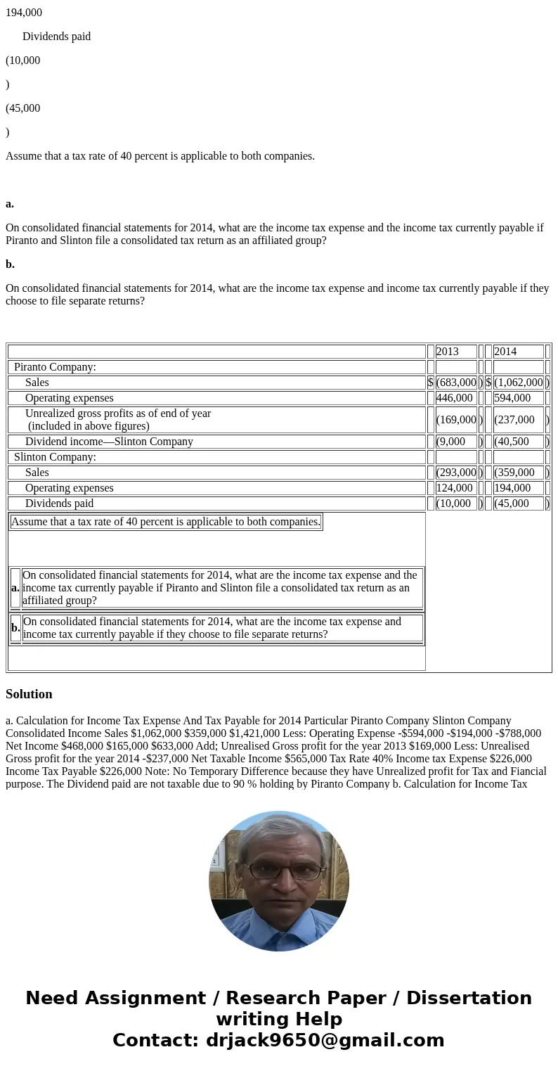 On January 1, 2013, Piranto acquires 90 percent of Slinton’s outstanding shares. Financial information for these two companies for the years of 2013 and 2014 fo