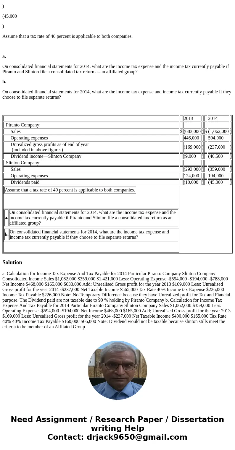 On January 1, 2013, Piranto acquires 90 percent of Slinton’s outstanding shares. Financial information for these two companies for the years of 2013 and 2014 fo
