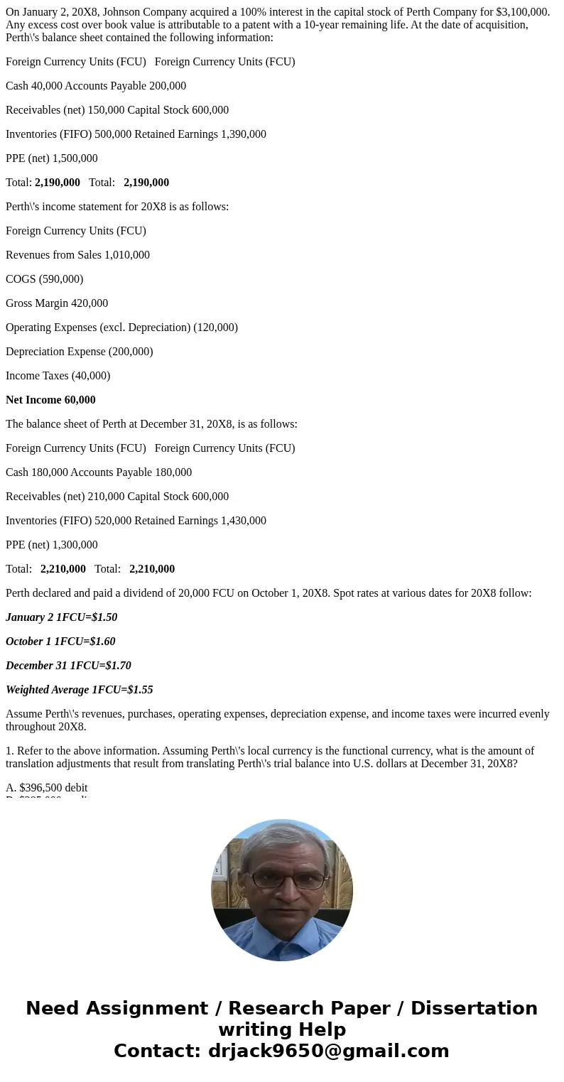 On January 2, 20X8, Johnson Company acquired a 100% interest in the capital stock of Perth Company for $3,100,000. Any excess cost over book value is attributab On January 2, 20X8, Johnson Company acquired a 100% interest in the capital stock of Perth Company for $3,100,000. Any excess cost over book value is attributab