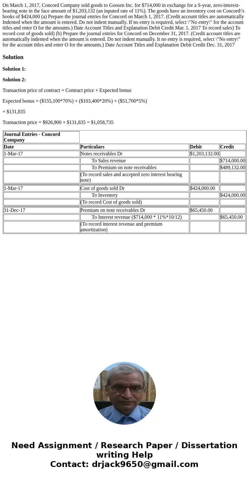  On March 1, 2017, Concord Company sold goods to Goosen Inc. for $714,000 in exchange for a S-year, zero-interest-bearing note in the face amount of $1,203,132 