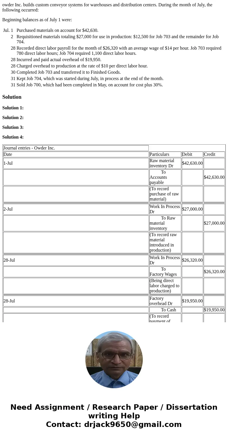 owder Inc. builds custom conveyor systems for warehouses and distribution centers. During the month of July, the following occurred: Beginning balances as of Ju