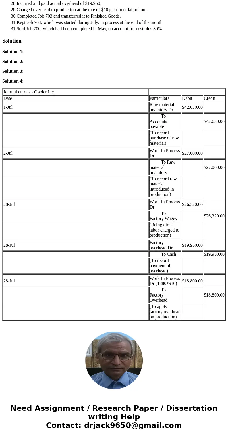 owder Inc. builds custom conveyor systems for warehouses and distribution centers. During the month of July, the following occurred: Beginning balances as of Ju