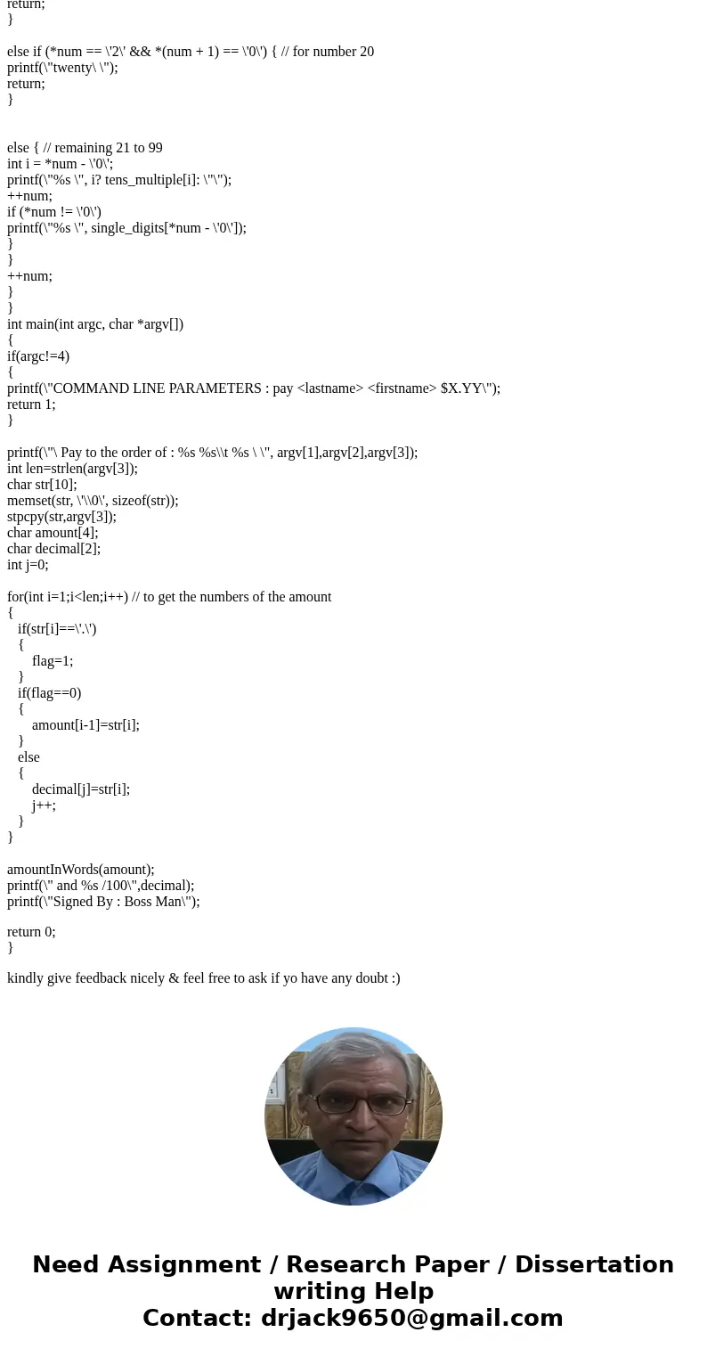 Please do the following program in C language (not C++ or C#). Write a command-line program that will write a check. You will need to convert a string represent